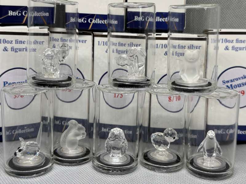 1/10oz 3.11g PURE 999.9 SILVER CRYSTALS & GEMS COLORIZED SERIES DOME "SWAROVSKI SET OF 8 "COA & BOX