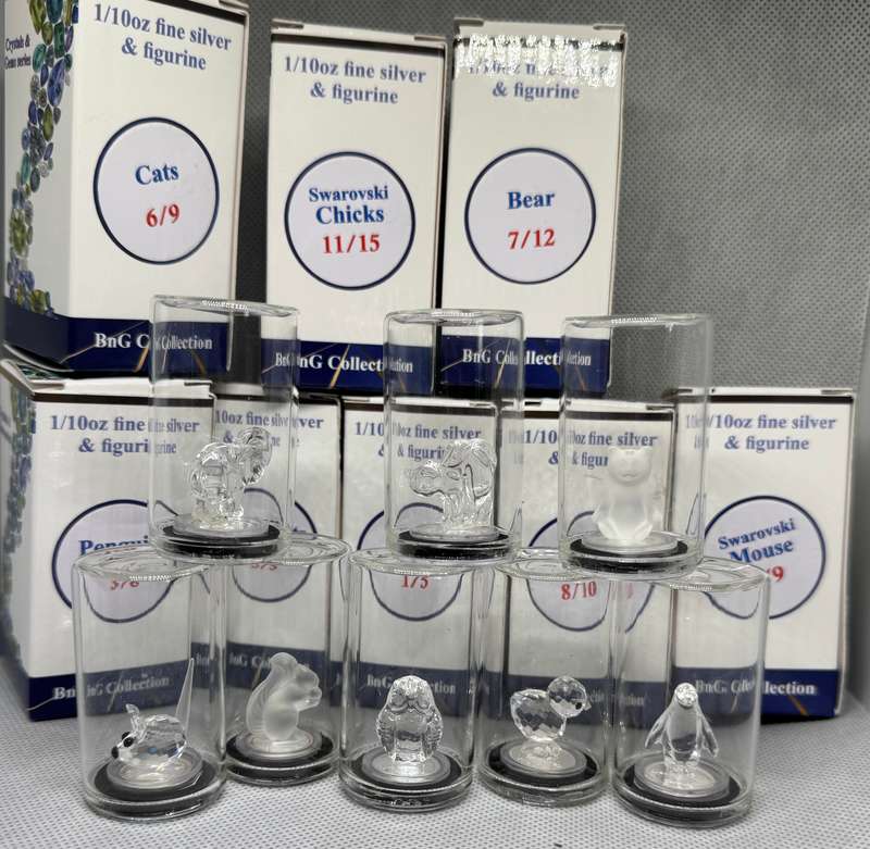 1/10oz 3.11g PURE 999.9 SILVER CRYSTALS & GEMS COLORIZED SERIES DOME "SWAROVSKI SET OF 8 "COA & BOX