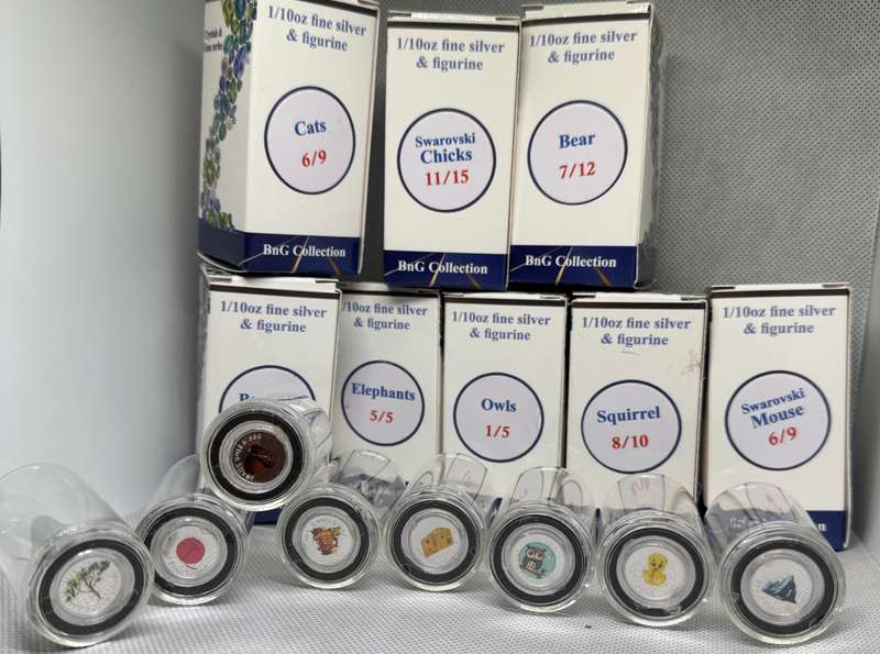 1/10oz 3.11g PURE 999.9 SILVER CRYSTALS & GEMS COLORIZED SERIES DOME "SWAROVSKI SET OF 8 "COA & BOX