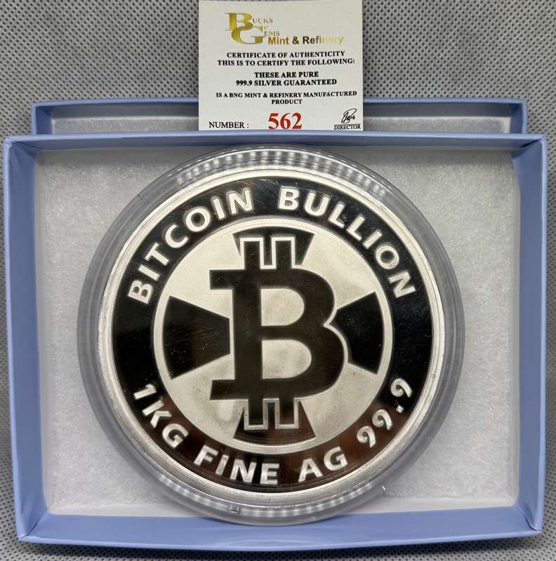1kg PURE SILVER PROOF MINTED ROUND *BITCOIN* BOX & CERTIFICATE
