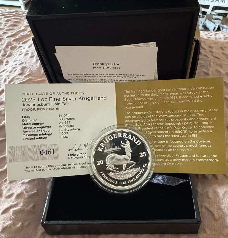 2025 KRUGERRAND PRIVY MINT MARK *JHB*1oz FINE Silver - PROOF -SEALED IN SAMINT BOX & COA