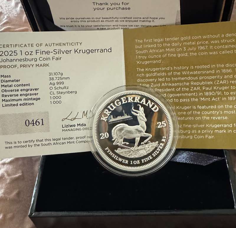 2025 KRUGERRAND PRIVY MINT MARK *JHB*1oz FINE Silver - PROOF -SEALED IN SAMINT BOX & COA