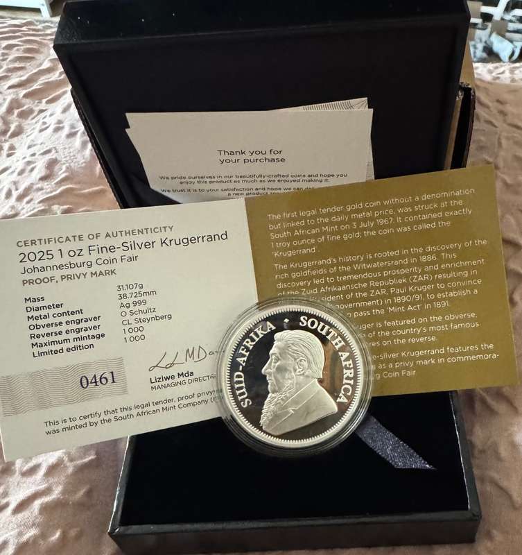 2025 KRUGERRAND PRIVY MINT MARK *JHB*1oz FINE Silver - PROOF -SEALED IN SAMINT BOX & COA