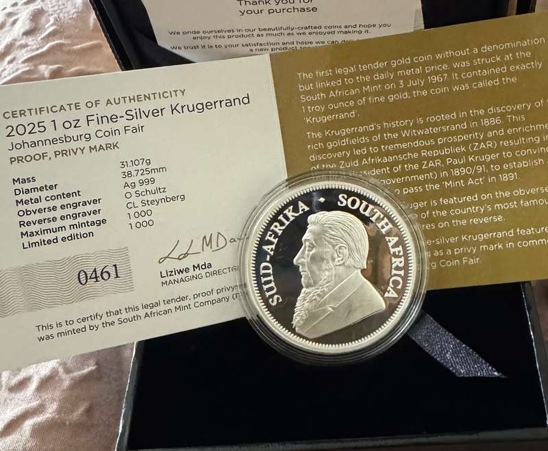 2025 KRUGERRAND PRIVY MINT MARK *JHB*1oz FINE Silver - PROOF -SEALED IN SAMINT BOX & COA