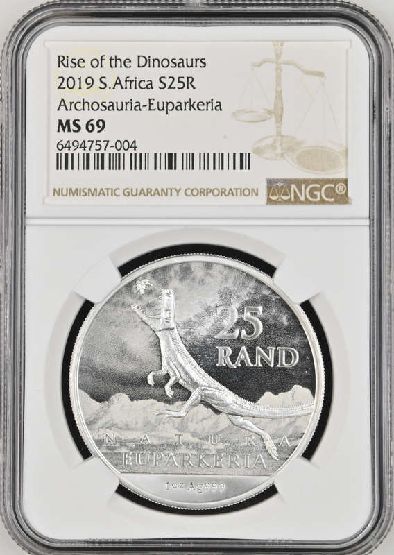 2019 RSA S25R 1oz FINE SILVER RISE OF THE DINOSAURS ARCHOSAURIA-EUPARKERIA - MS69 - NGC GRADE