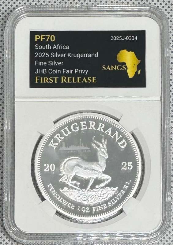 2025 KRUGERRAND PRIVY MINT MARK *JHB*1oz FINE Silver - PF70 1ST RELEASE LABEL GRADED BY SANGS & COA