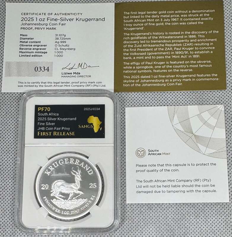 2025 KRUGERRAND PRIVY MINT MARK *JHB*1oz FINE Silver - PF70 1ST RELEASE LABEL GRADED BY SANGS & COA