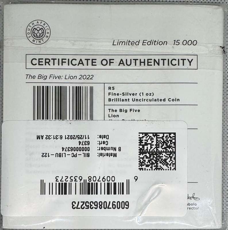 2022 BIG 5 SERIES 2 - LION - IN SAMINT CARD AS ISSUED & CERTIFIED
