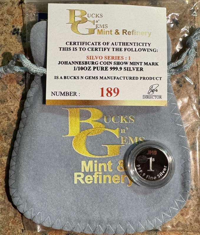 1/10oz 3.11g SILVER 999.9 FINE - COLORIZED 1 SILVO " 2025 JHB " COIN SHOW MINT MARK -COA & MINT BAG