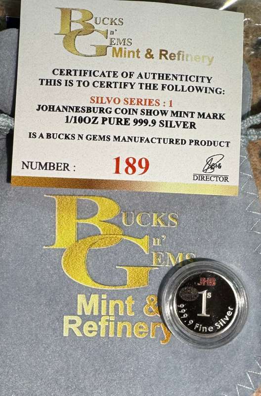1/10oz 3.11g SILVER 999.9 FINE - COLORIZED 1 SILVO " 2025 JHB " COIN SHOW MINT MARK -COA & MINT BAG