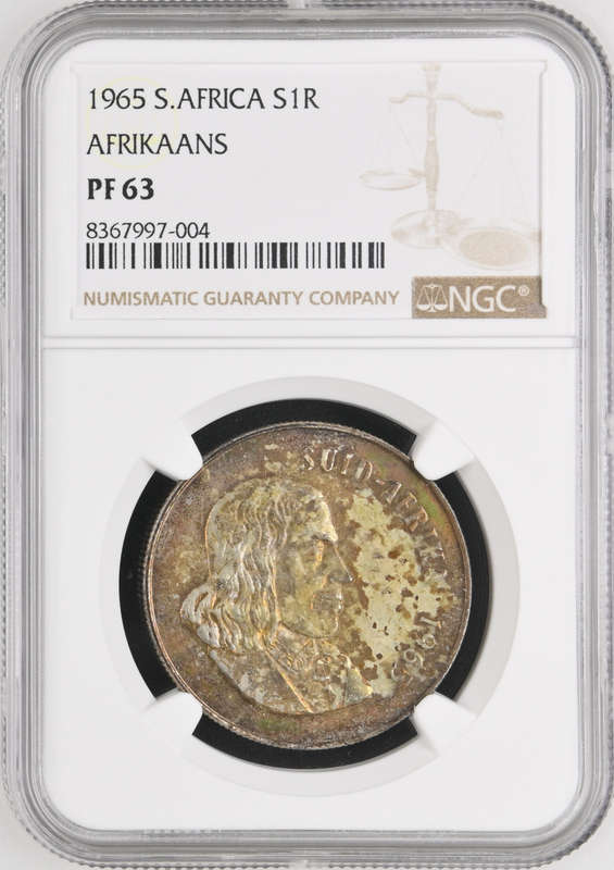 1965 SILVER 1 RAND AFRIKAANS LEGEND PF63 - NGC GRADED RARETY -LOW MINTAGE 80 to 120