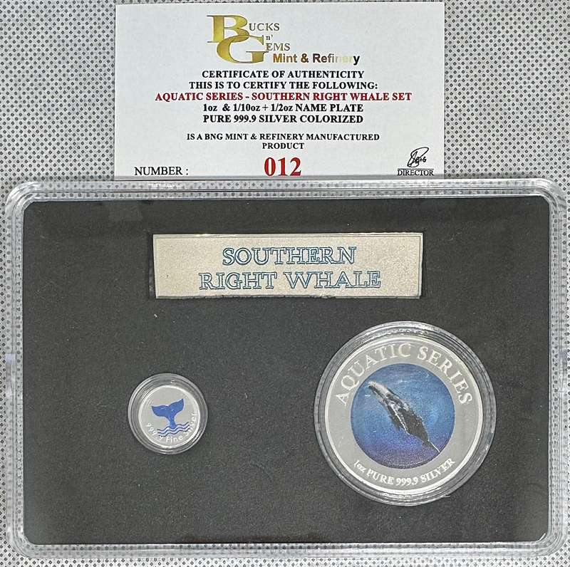 2024 AQUATIC SERIES OF SA TWIN SET *SOUTHERN RIGHT WHALE * 1oz+1/2oz+1/10oz SILVER CERTIFICATE & BOX