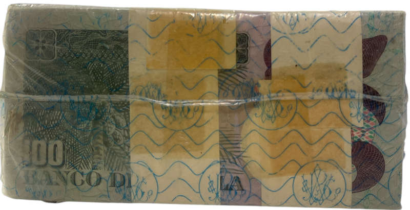 Scarce 500-Note brick of 1973 Angola 100 Escudos with official bank wrapper and issue note (50 000 E
