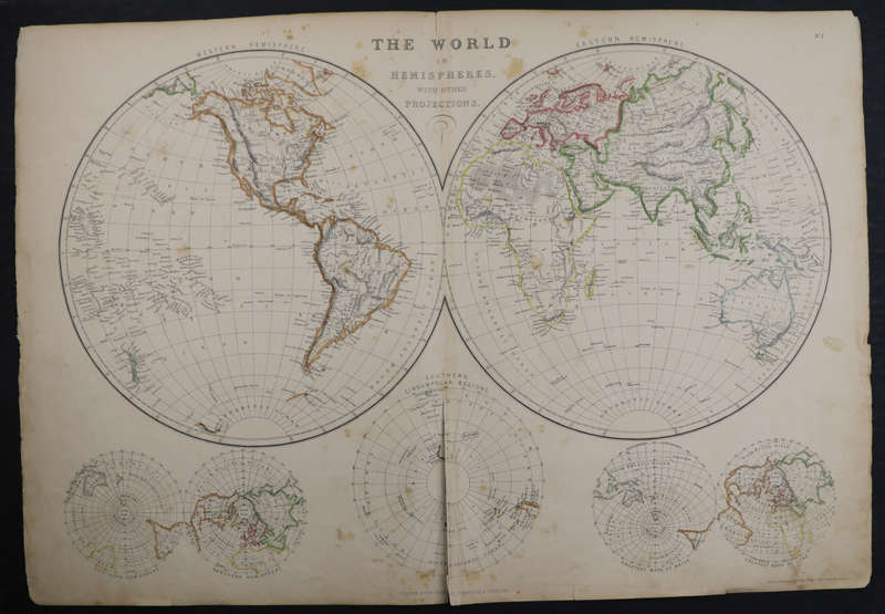 1859 The World In Hemispheres, With Other Projections Map by Edward Weller- Has a tear in the bottom