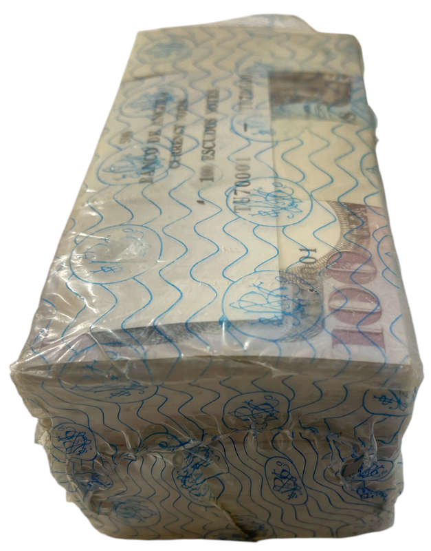 Scarce 500-Note brick of 1973 Angola 100 Escudos with official bank wrapper and issue note (50 000 E