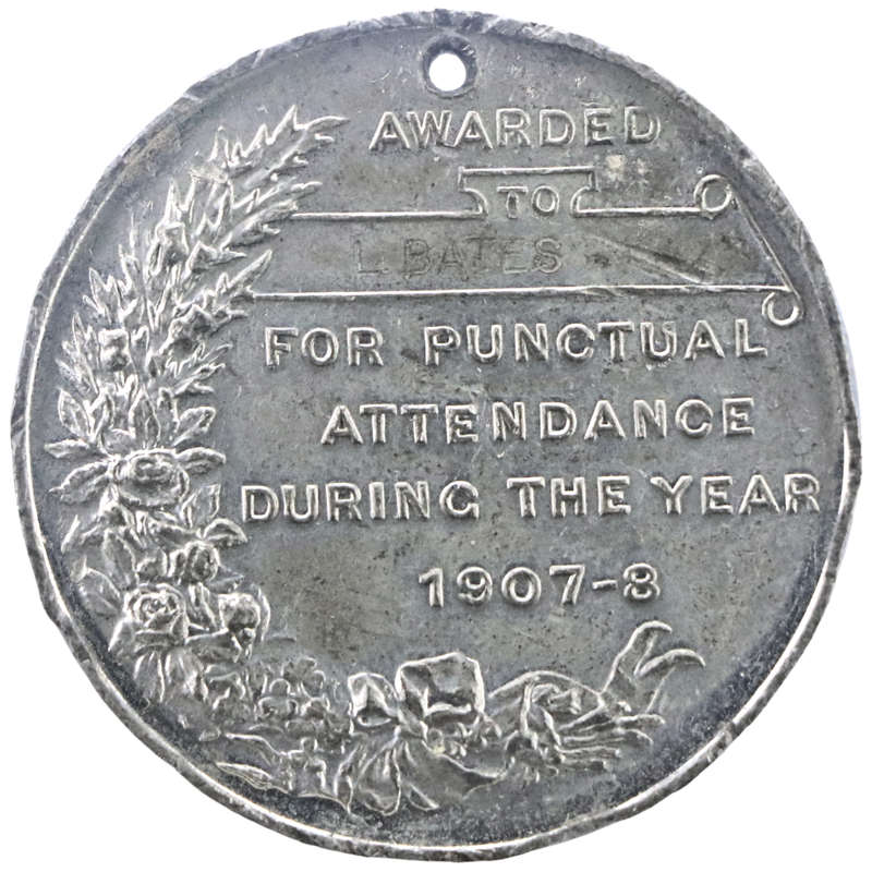 1907-08 United Kingdom School Board for London Punctual Attendance Lead Medallion Awarded to L. Bate