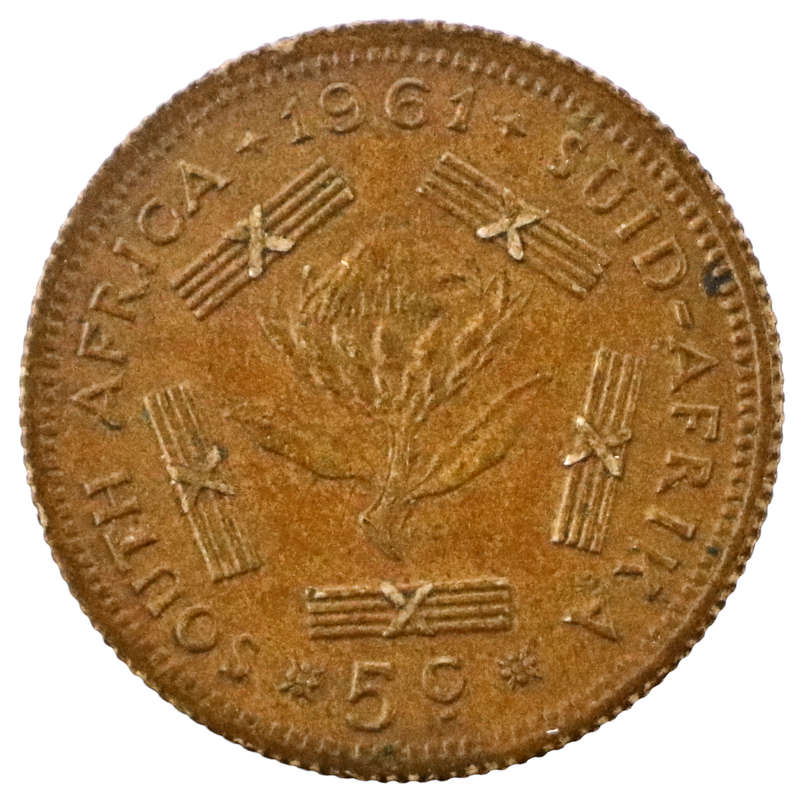 1961 South Africa Silver 5 Cent, Yellow Brown Toning