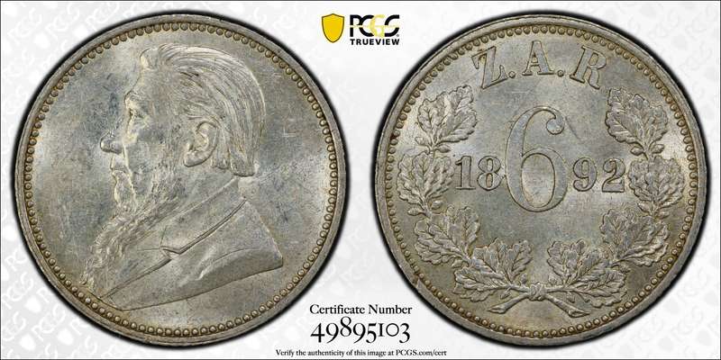 1892 ZAR 6 Pence MS 62 PCGS