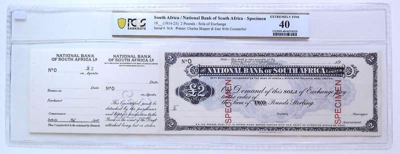 Scarce 1914-25 South Africa Specimen National Bank of South Africa Sola Exchange 2 Pounds PCGS XF40