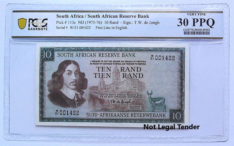 1976 South Africa T.W De Jongh Type 9 Third Issue R10 low serial "001422", Replacement "W" Grade Ver