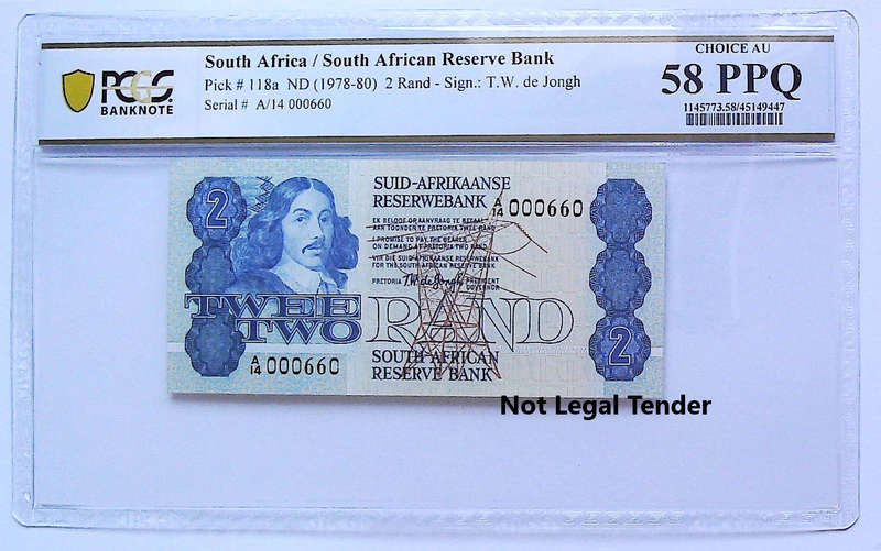 1978 South Africa Type 7 TW De Jongh Fourth Issue R2 Low Serial "000660" Graded Gem UNC 58 PPQ by PC