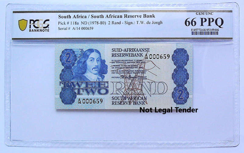 1978 South Africa Type 7 TW De Jongh Fourth Issue R2 Low Serial "000659" Graded Gem UNC 66 PPQ by PC