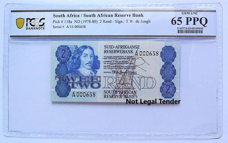 1978 South Africa Type 7 TW De Jongh Fourth Issue R2 Low Serial "000658" Graded Gem UNC 65 PPQ by PC