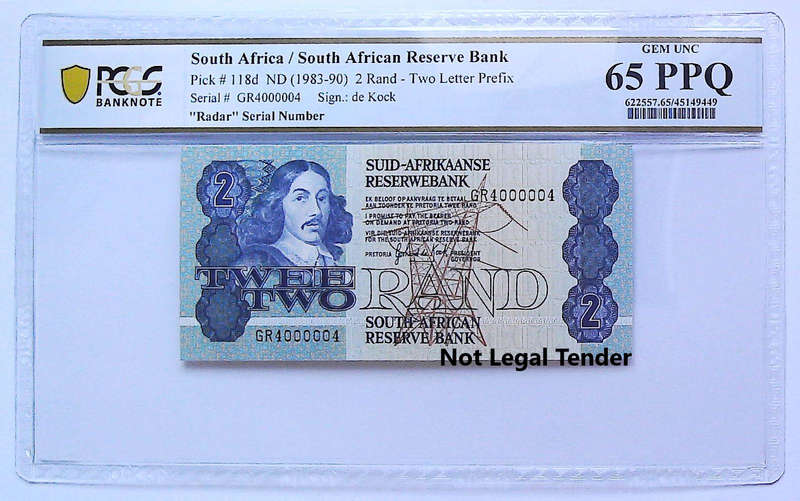 1984 South Africa GPC De Kock Second Issue Type 9 Radar Serial  "4000004" Graded Gem UNC 65 PPQ by P