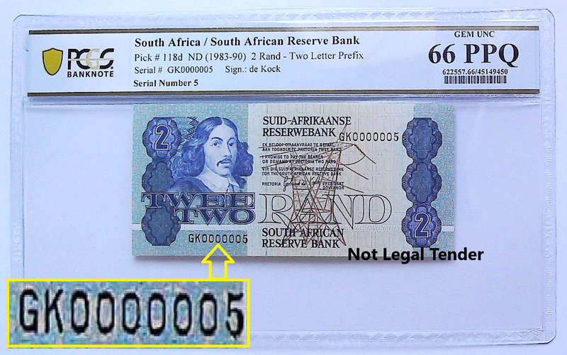 Low Serial "0000005" 1984 South Africa GPC De Kock Second Issue Type 9  Graded Gem UNC 66 PPQ by PCG