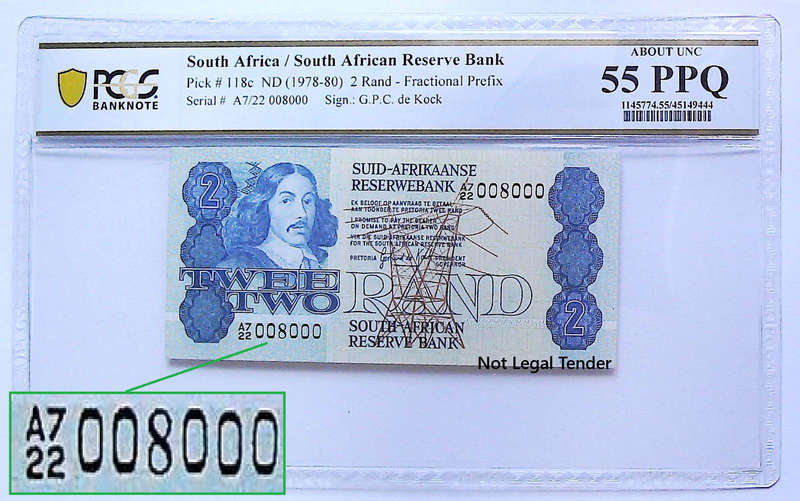 1981 South Africa GPC De Kock Second Issue Type 9 Fancy Serial  "008000" Graded About UNC 55 PPQ by