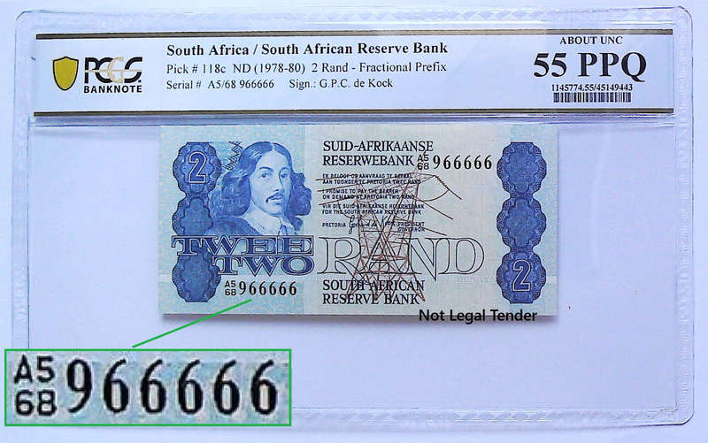1981 South Africa GPC De Kock Second Issue Type 9 Fancy Serial  "966666" Graded About UNC 55 PPQ by
