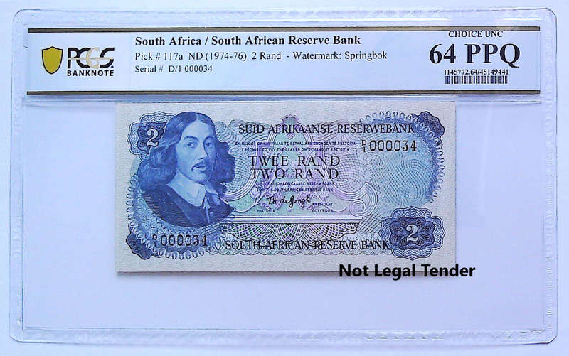 Low Serial  "D1 000034" 1974 Type 5 Second Issue TW de Jongh R2 Graded Choice UNC 64 PPQ by PCGS
