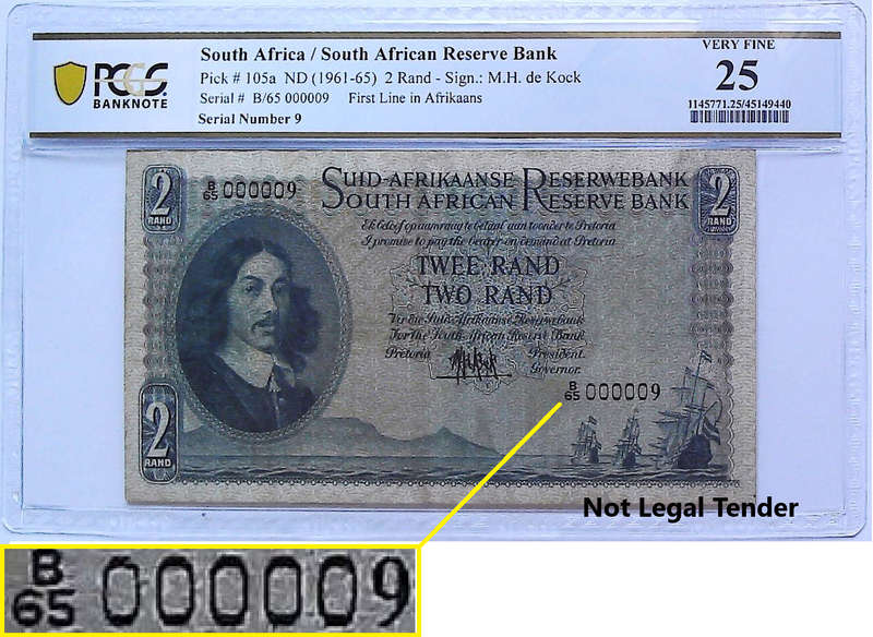 Low Serial "000009" 1961 South Africa Type 1 Fourth Issue MH De Kock 2 Rand Graded VF 25 by PCGS