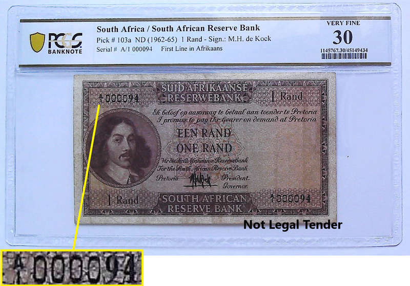 Low Serial "A1 000094" 1961 South Africa Type 1 Fourth Issue MH De Kock 1 Rand Graded Very Fine 30 b