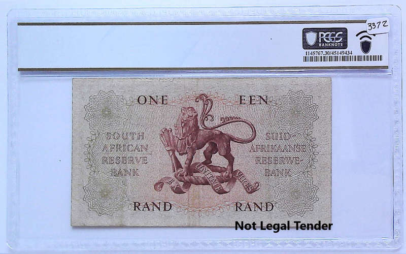 Low Serial "A1 000094" 1961 South Africa Type 1 Fourth Issue MH De Kock 1 Rand Graded Very Fine 30 b