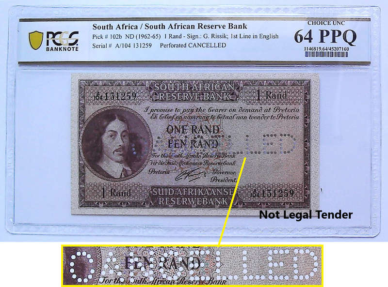 Cancelled 1962 South Africa Type 3 First Issue G Rissik 1 Rand Graded Choice UNC 64 PPQ by PCGS