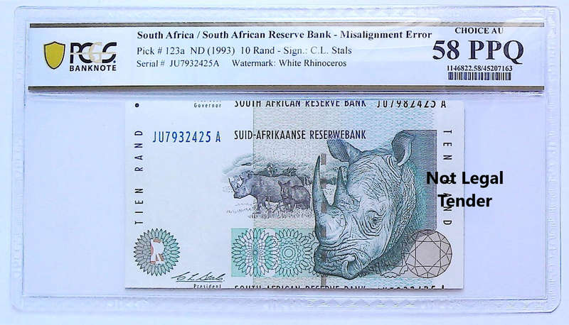 Error 1993 South Africa CL Stals  Type 17 Second Issue R10, Misalignment Error Graded Choice AU 58 P