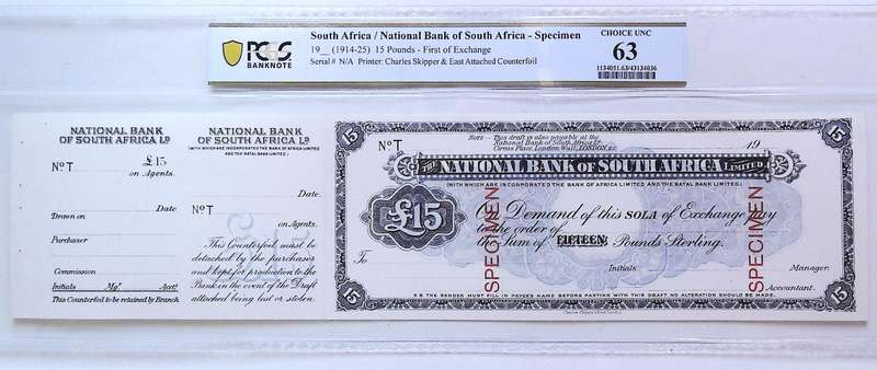 Scarce 1914-25 South Africa Specimen National Bank of South Africa Sola Exchange 15 Pounds PCGS