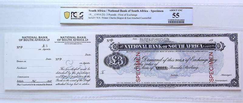 Scarce 1914-25 South AFrica Specimen National Bank of South Africa Sola Exchange 3 Pounds PCGS AU 55