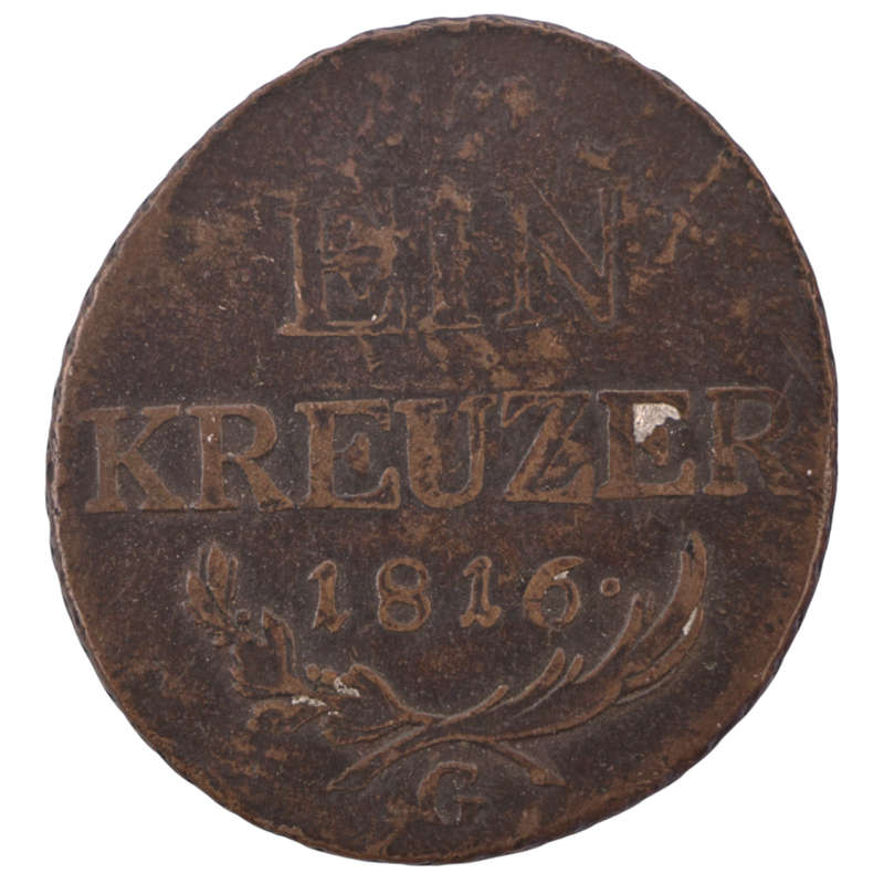 1816-G Austrian Empire Baia Mare, Romania Mintmark 1 Kreuzer KM#2113, partially flattened