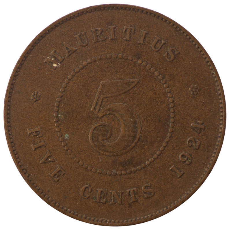 1924 Mauritius 5 Cent 400K Minted KM#14