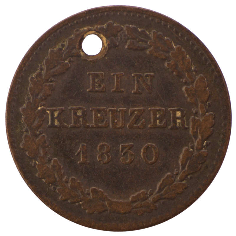 1830 Duchy of Nassau (German States) 1 Kreuzer, serated edge 265k Minted km#51, holed