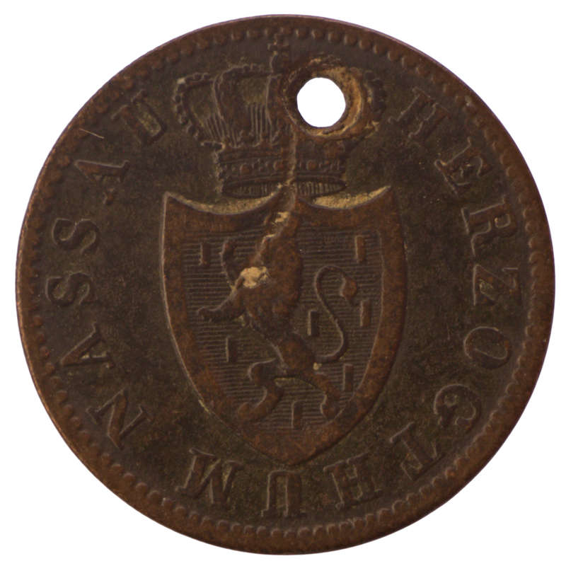 1830 Duchy of Nassau (German States) 1 Kreuzer, serated edge 265k Minted km#51, holed