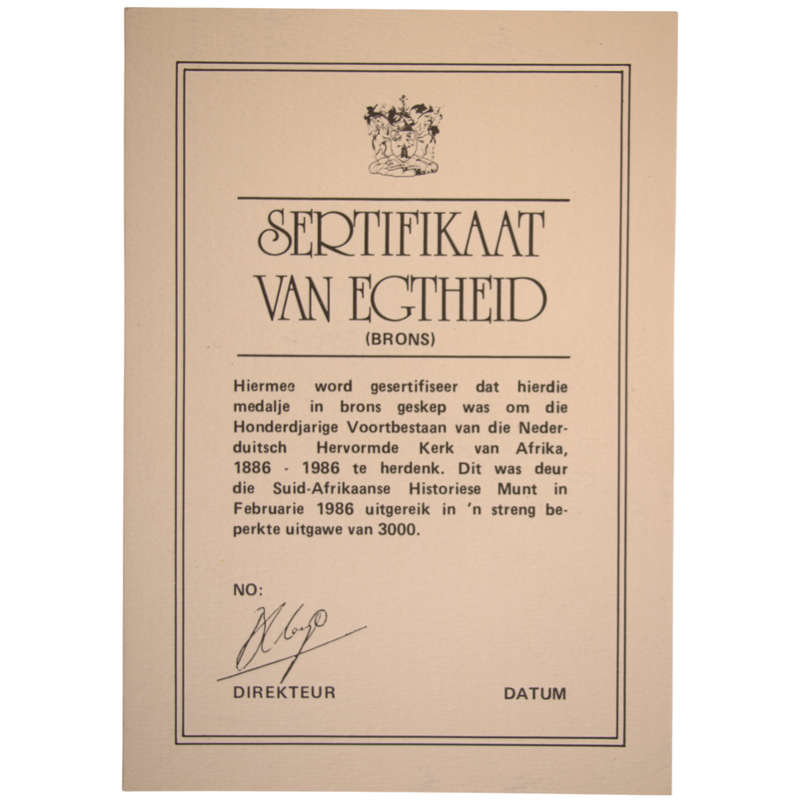 1986 Centenary of the "Arc van die Nederduitsch Hervormde Kerk" Bronze Medallion in box with Cert Th