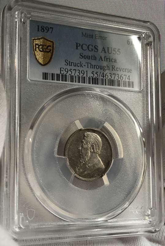 Error 1897 ZAR 6 Pence Graded AU 55 Mint Error Struck Through Reverse by PCGS