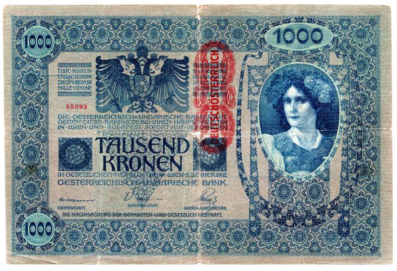 1902 Austria 1000 Kronen Pick#8, centre hole and folds