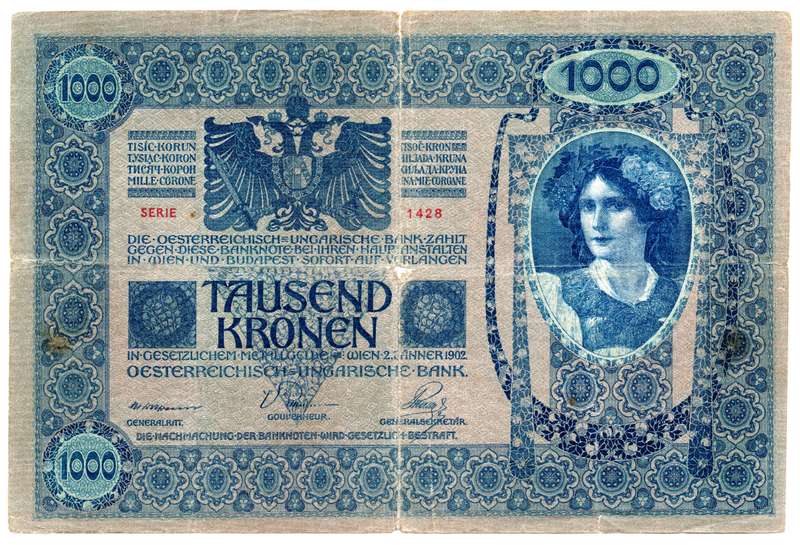 1902 Austria 1000 Kronen Pick#8, centre hole and folds