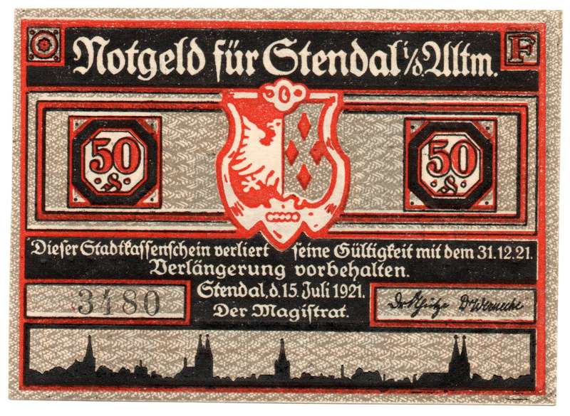 1921 German City of Stendal (Prussian province of Saxony) Weimar Republic 50 Pfennig