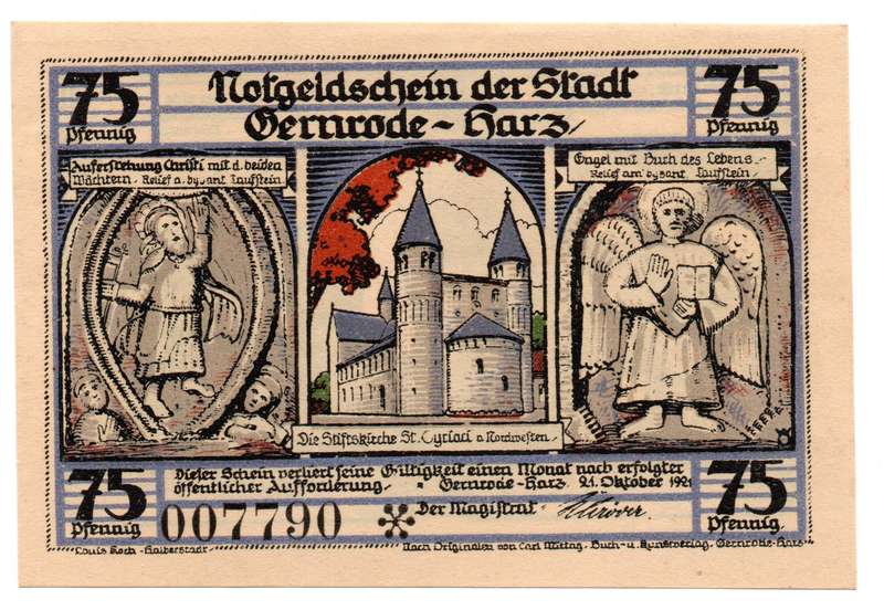 1921 German City of Gernrode im Harz (Federal state of Anhalt) Weimar Republic 75 pfennig, Replaceme