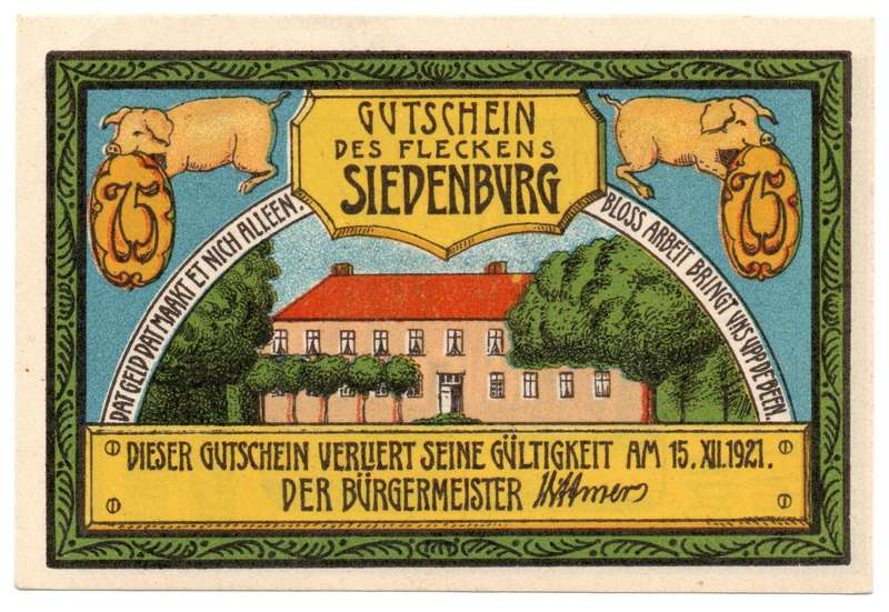 Error 1921 German Town of Siedenburg (Prussian province of Hanover) 75 pfennig Local Issue, off cent